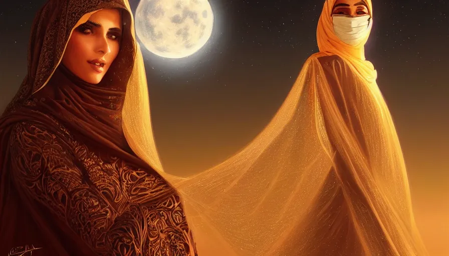 Image similar to Portrait of very very very very very very beautiful Arab woman wearing a Niqab, glowing magical eyes, energy trails, under giant full moon in the desert, intricate, elegant, highly detailed, digital painting, artstation, concept art, smooth, sharp focus, illustration, art by artgerm and greg rutkowski and alphonse mucha