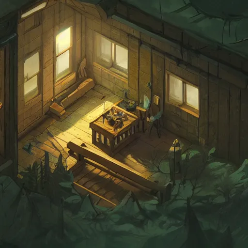 Image similar to concept art of an inside of a cabin in the woods, isometric view, detailed, volumetric lighting, style of greg rutkowski