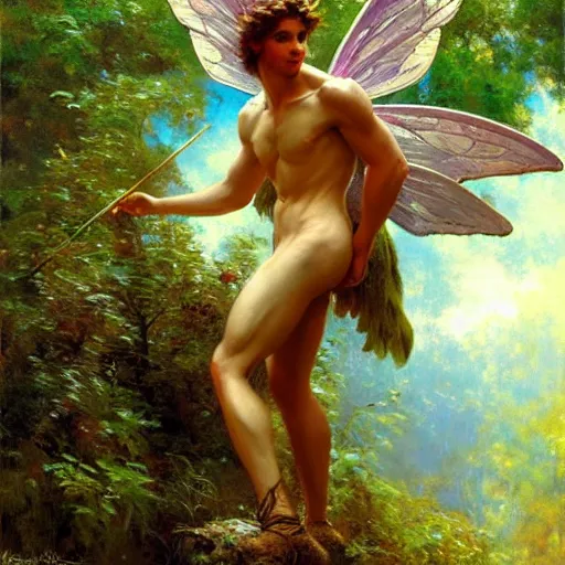 Image similar to attractive male fairy with wings in the forest, posing. highly detailed painting by gaston bussiere, craig mullins, j. c. leyendecker, 8 k