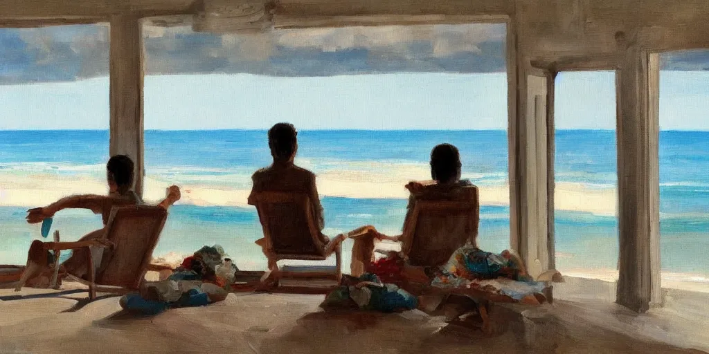 Prompt: a beautiful painting of a man watching the beach view with his wife in their house, oil on canvas