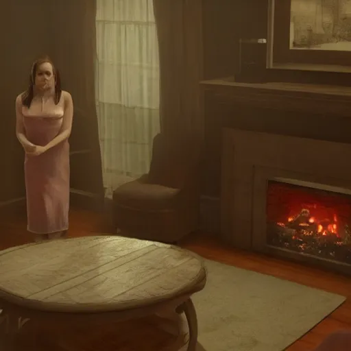 Prompt: a woman standing in a living room next to a fire, concept art by gregory crewdson, reddit contest winner, video art, movie still, colorized, playstation 5 screenshot