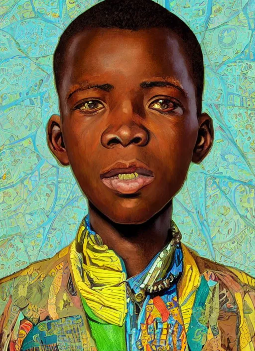 Image similar to colourful upper half portrait of an african boy with proportions in the style of jack davis - presented in magazine collage, art hsiao - ron cheng & alphonse mucha, magazine collage, highly detailed, caricature, digital painting, concept art, ray tracing, illustration, smooth, sharp focus, intricate, symmetry, pinterest, behance, artstation