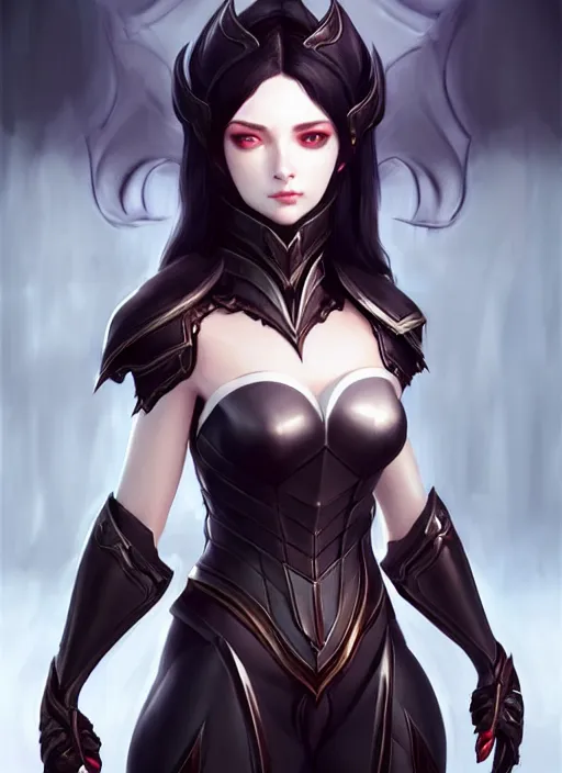 Image similar to full plate armor!!! beautiful and elegant dark hair female vampire!! gorgeous ayes!! character concept art, sharp focus, octane render! unreal engine 5! highly rendered!! trending on artstation!! detailed linework!! illustration by artgerm, wlop, and chie yoshii