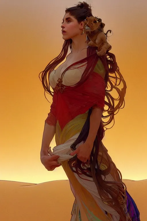 Image similar to full figure beautiful young fit antrophomorphic lion, dressed with multicolored fluent clothes, luminous scene, by greg rutkowski and alphonse mucha, d & d character, gradient red to gold, in front of a dune desert background, highly detailed portrait, digital painting, artstation, concept art, smooth, sharp focus illustration, artstation hq