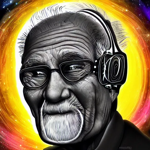 Image similar to an elderly wise man in the cosmos wearing vr headsets, digital art, detailed