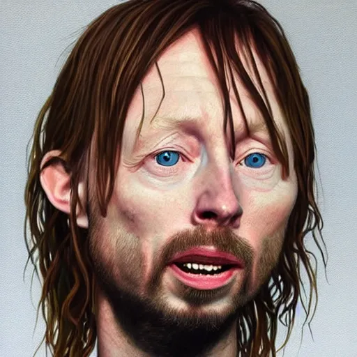 Image similar to Caricature portraits done of a young Thom Yorke, realistic, hyperrealistic, very realistic, highly detailed, very detailed, extremely detailed, detailed, oil painting, digital art, trending on artstation