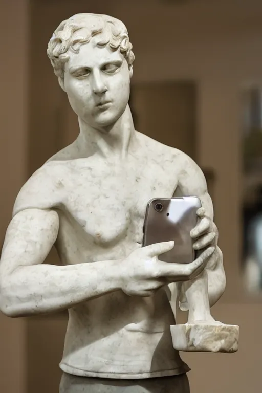 Image similar to marble sculpture of a man holding a marble phone to take a selfie