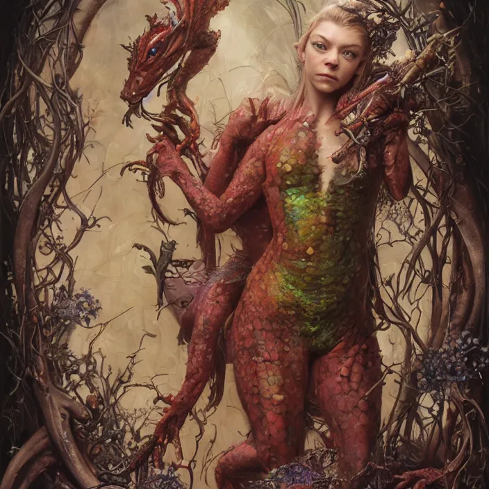 Prompt: a portrait photograph of natalie dormer as a brightly colored harpy salamander hybrid with wet mutated skin. wearing a prosthetic organic catsuit. by tom bagshaw, donato giancola, hans holbein, walton ford, gaston bussiere, brian froud, peter mohrbacher and magali villeneuve. 8 k, cgsociety