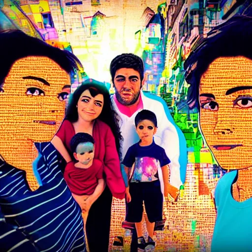 Prompt: 35mm macro shot of an Israeli family in a blend of manga-style art, augmented with vibrant composition and color, all filtered through a cybernetic lens, studio lighting, lit by flashing pixel light