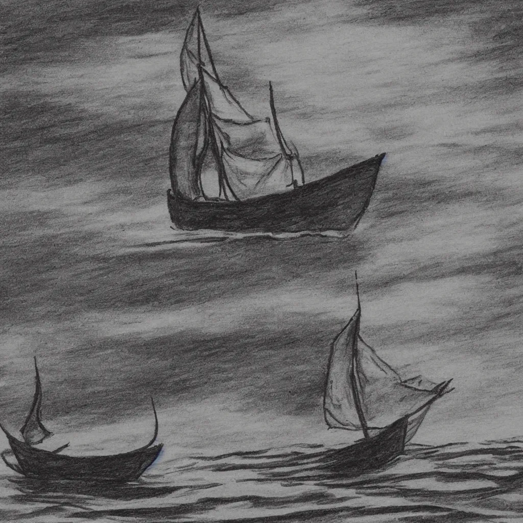 Image similar to vintage art deco drawing black and white sketch on yellowed paper. the sketch depicts a small fishing vessel with a sail from the side. the seas are stormy and the drawing is dark and moody