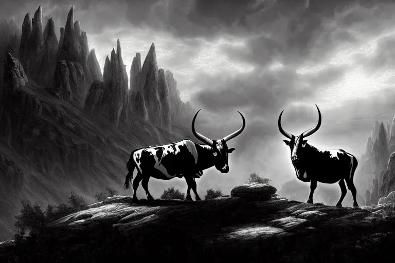 Image similar to a black and white longhorn on a high bluff, key visual, concept art, extremely moody lighting, highly detailed, digital painting, artstation, unreal engine, in the style of charles marion russell and albert bierstadt and frederic remington