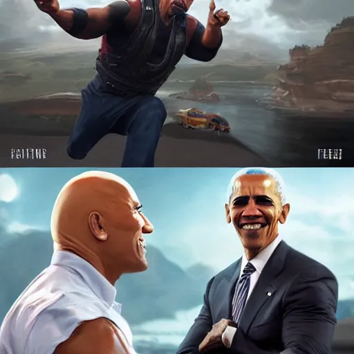 Image similar to dwayne the rock johnson robbing a 7 / 1 1 with joe biden and obama, cinematic, fantasy artwork, dyanic lighting, detailed, raytracing, realistic