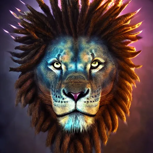 Prompt: an alien lion with dread locs wearing a crown, digital art, highly detailed face, fantasy, epic, ultra quality, cinematic lighting