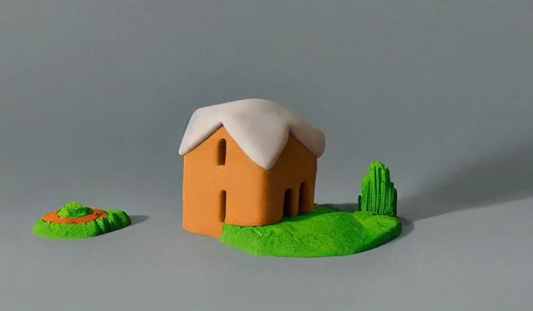 Image similar to A serene landscape with a singular building in the style of play doh