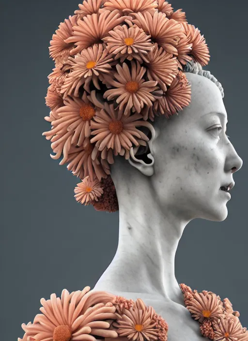 Prompt: portrait of an absurdly beautiful marble statue made of biomechanical corals, daisies, well contoured smooth fair walls, carrying a bottle of perfume, up close shot, sharp focus, global illumination, radiant light, alexandre ferra white mecha, irakli nadar, octane highly render, 4 k, ultra hd,