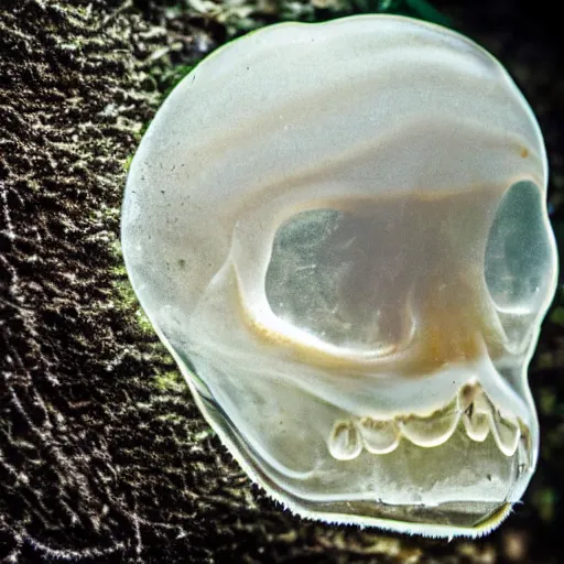 Image similar to mossy human jellyfish skull being reclaimed by nature, macro photography, 1:1 magnification, 15mm f/4