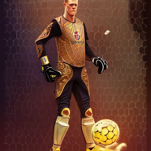 Image similar to Ter Stegen holding a bomb, goalkeeper, football pitch, D&D, fantasy, intricate, elegant, highly detailed, digital painting, artstation, concept art, matte, sharp focus, illustration, art by Artgerm and Greg Rutkowski and Alphonse Mucha