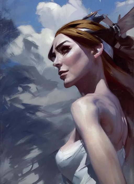 Image similar to greg manchess painting of syndra from league of legends, countryside, calm, fantasy character portrait, dynamic pose, above view, sunny day, thunder clouds in the sky, artwork by jeremy lipkin and giuseppe dangelico pino and michael garmash and rob rey, very coherent asymmetrical artwork, sharp edges, perfect face, simple form, 1 0 0 mm