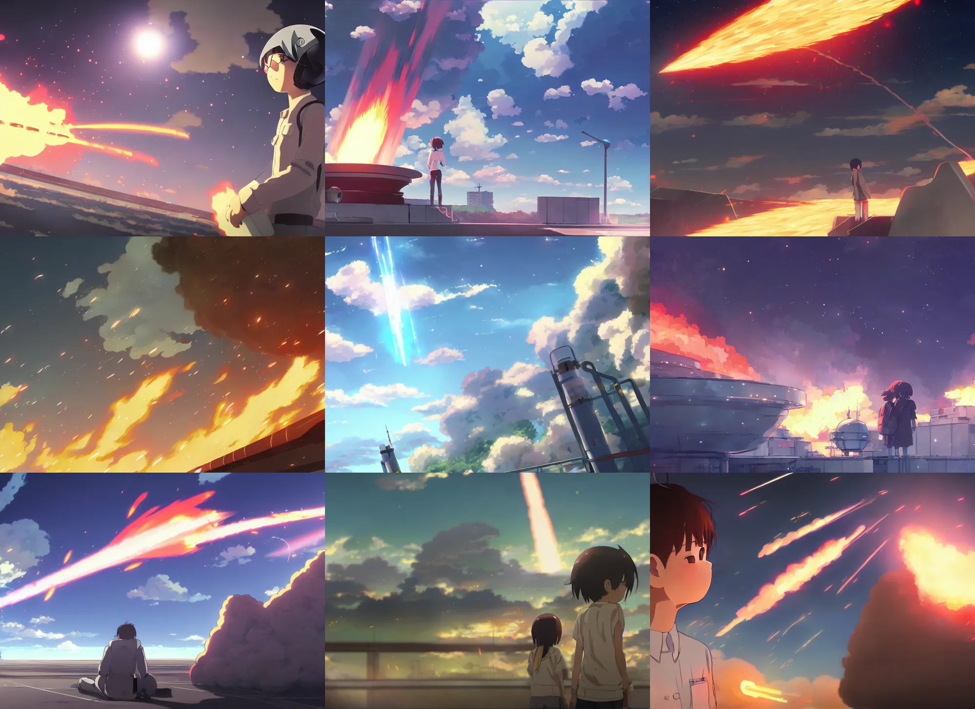 Prompt: rocket engine fires, anime makoto shinkai studio ghibly, illustration, high temperature