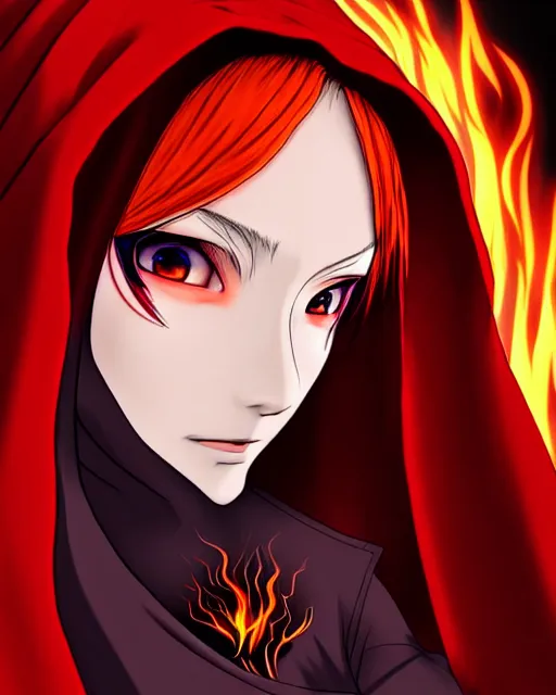 Image similar to portrait Anime sorceress with red hair; cloak with hood; she is summoning fire all around her; pretty face, realistic shaded Perfect face, fine details. Anime. realistic shaded lighting by Kim Jung Gi