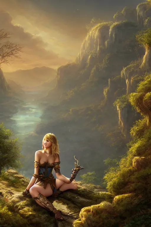 Prompt: alluring illustration taylor swift, sitting on the edge of a cliff overlooking a forested valley, clothed in a chesty fantasy outfit, 8k resolution matte fantasy painting, cinematic lighting, DeviantArt, Artstation, Jason Felix Steve Argyle Tyler Jacobson Peter Mohrbacher