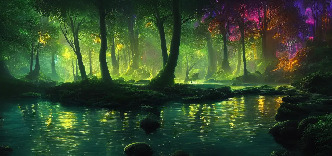 Prompt: beautiful fantasy view of forest river at night, bioluminescence, glowing water with caustics, dappled light, reflections, liquid refraction, calm lighting, ultra detailed, sharp, ambient occlusion, raytracing, vibrant, vivid colors, artistic, by dylan cole, sebastian meyer and jordan grimmer