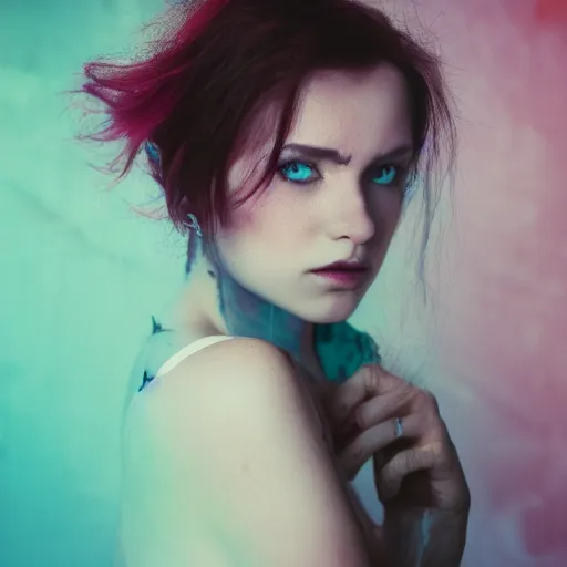 Image similar to a photo of a beautiful woman. moody and melanchonic. with a little bit of cyan and pink