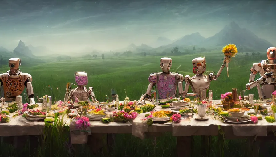 Image similar to a table dinner of humanoid robots where robots are dressed like the characters from the midsommar movie wearing flowers, realistic detailed digital art by maxwell boas jessica rossier christian dimitrov anton fadeev trending on artstation cgsociety rendered in unreal engine 4 k hq