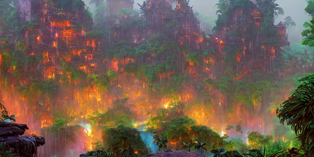 Image similar to aztec jungle village, ornate, beautiful, atmosphere, mist, vibe, smoke, beautiful, rain, reflection, pristine, puddles, waterfall, melting, dripping, wild look, mattepainting concept blizzard pixar maya engine splash comics global illumination lighting artstation, sharp focus, ilya kuvshinov, rossdraws