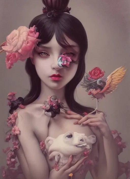 Image similar to pop surrealism, lowbrow art, realistic cute girl painting, japanese street fashion, hyper realism, muted colours, rococo, natalie shau, loreta lux, tom bagshaw, mark ryden, trevor brown style,