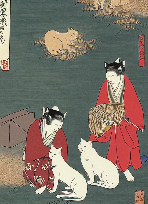 Image similar to whitecat with 2 baby white cats of utagawa hiroshige, digital painting 4 k uhd image, highly detailed