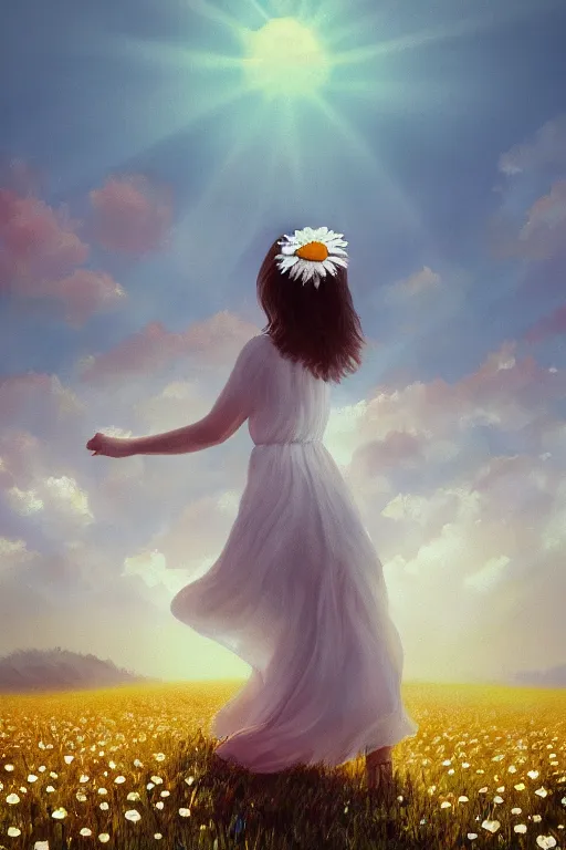 Image similar to giant white daisy flowers over head veil, girl walking in a flower field, surreal photography, sunrise, dramatic light, impressionist painting, colorful clouds, digital painting, artstation, simon stalenhag