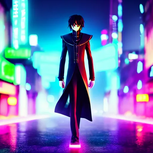 Lelouch Lamperouge in a neon city, octane render 8k,, Stable Diffusion