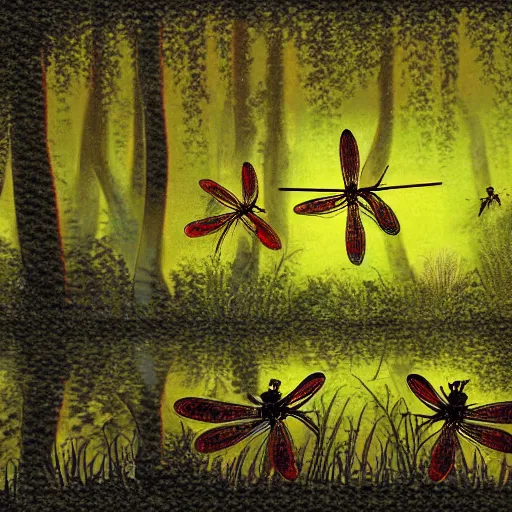 Image similar to A cottagecore digital art of a variety of dragonflies in a firefly-lit swamp