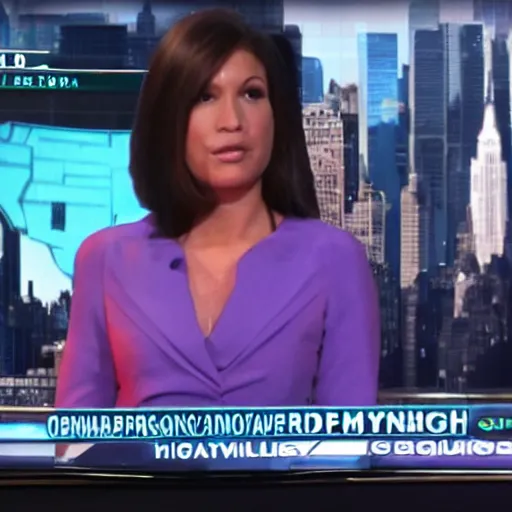 Prompt: newscaster reporting on the appearance of an enormous cat wrecking nyc, television screen, high resolution