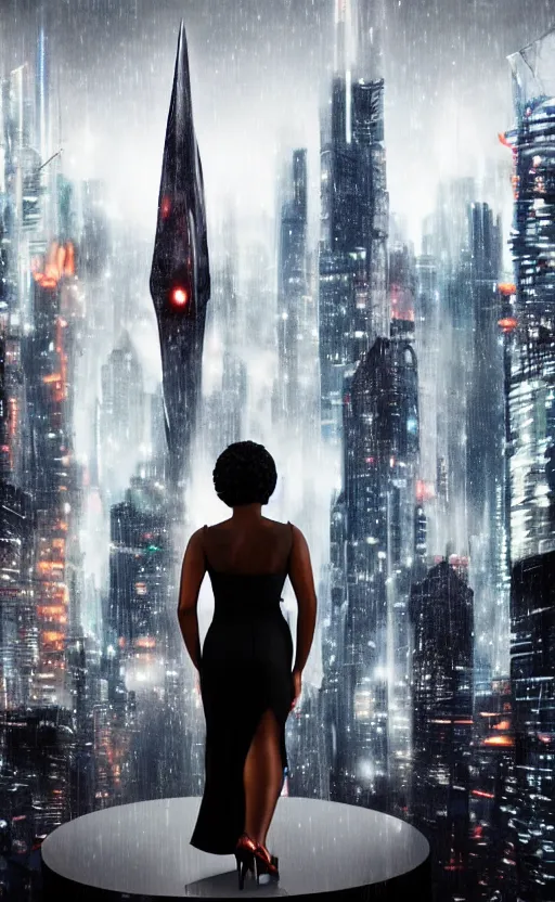 Image similar to an elegant Black woman in dress and heels, her back is to us, looking at a futuristic Blade Runner city,