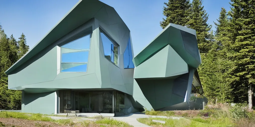 Prompt: large futuristic residence, pacific northwest, gray concrete, large blue and green windows, blue and green metal, triangular elements