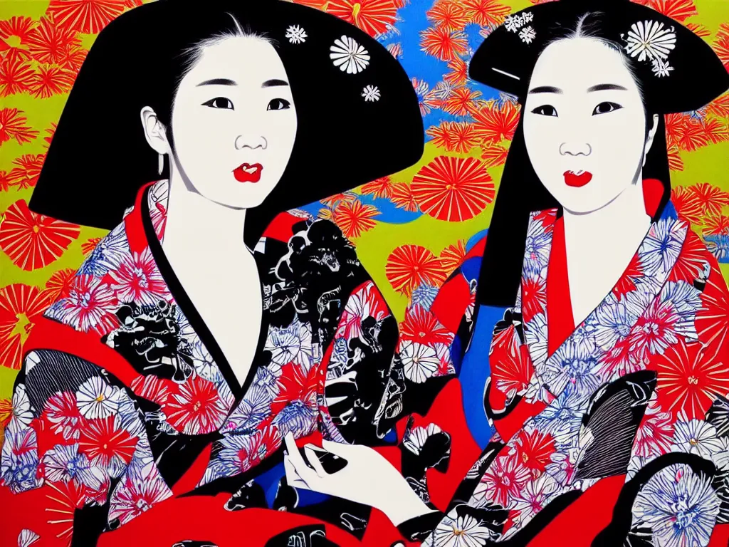 Image similar to hyperrealistic composition of the detailed woman in a japanese kimono sitting at a poker table with detailed darth vader, fireworks, mount fuji on the background, pop - art style, jacky tsai style, andy warhol style, acrylic on canvas