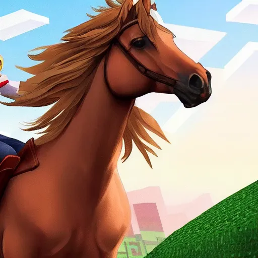 Image similar to cute hyperrealistic annie leonhart riding a minecraft horse in minecraft, beautiful face, pale skin, rule of thirds, cinematic lighting, rainy weather, melancholy atmosphere, sharp focus, backlit, stunning, smooth, hard focus, full body shot, instagram photo, shot on sony a 7 iii, hyper realistic