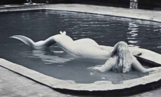 Prompt: sea creature in pool, photo from the 80s
