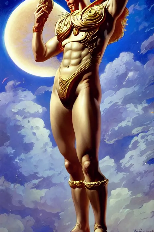 Image similar to god of moon, character design, fantasy, painting by jean giraud, j. c. leyendecker, artgerm, trending on artstation