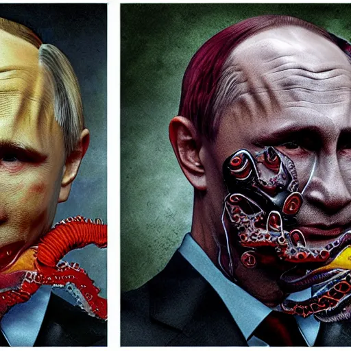 Image similar to vladimir putin became crazy brutal lovecraftian degraded abomination, photo - realistic, color image, 2 k, highly detailed, horror