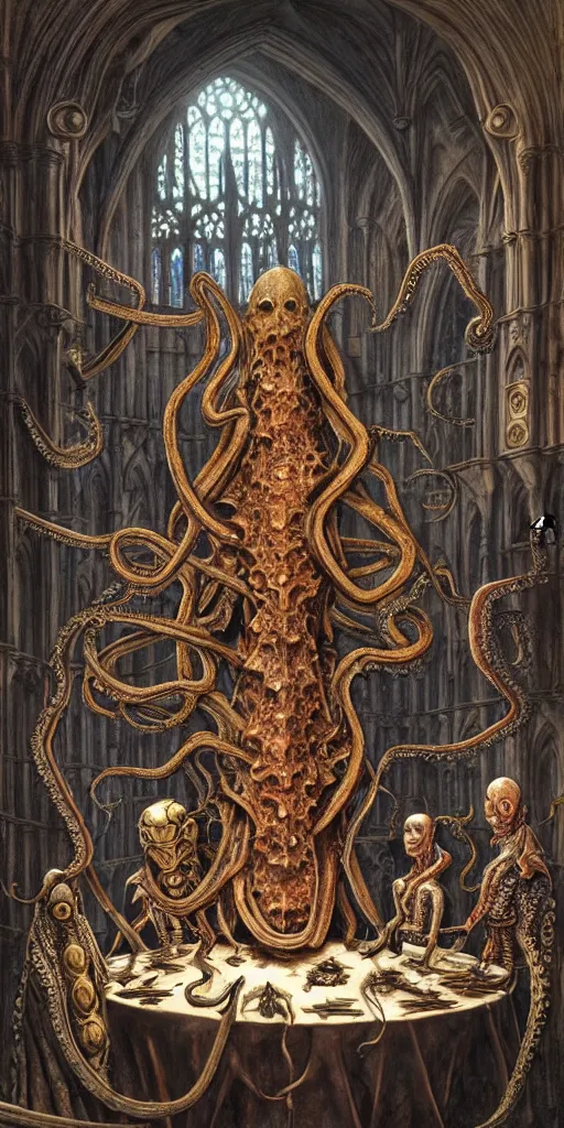 Image similar to mages with human bodies and magical armour with octopus heads sitting near the table in an ancient mage castle with enormous scale, gothic and baroque, brutalist architecture, ultradetailed, Intricate by John Howe and Josan Gonzalez and Giuseppe Arcimboldo