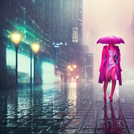 Prompt: city of the future, many skyscrapers, blade runner style, hyper-realistic, octane render, realistic, real, street, rain, beautiful girl with umbrella wearing torn bikini and clear raincoat with pink hair, cinematic, 8k, very intricate, 80's, night