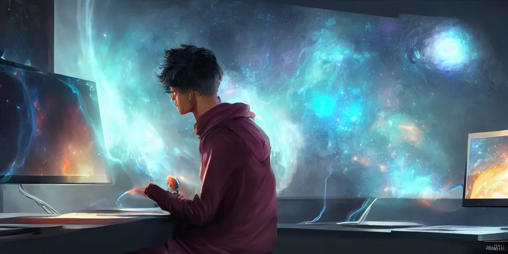 Image similar to a young mage creating a universe in his pc, a male mage in his 2 0 s with black hair sitting in front of huge monitor. extremely detailed, award - winning art, trending on artstation