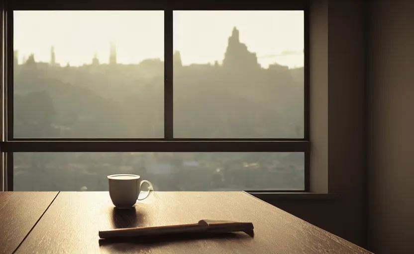 Image similar to a cup of coffee on a cafe table near a window with view to the sunrise, concept art, octane render, unreal engine 5, trending on artstation, high quality, highly detailed, path traced, high coherence, hyperrealistic, godrays, serene scene, soft lighting, macro photo