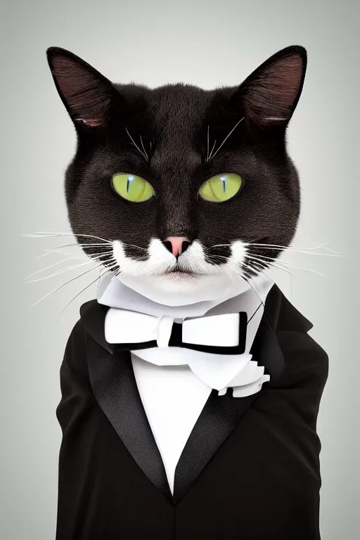 Image similar to anthropomorphic color photo of a cat wearing a tuxedo costume from 2 0 0 0 era, realistic