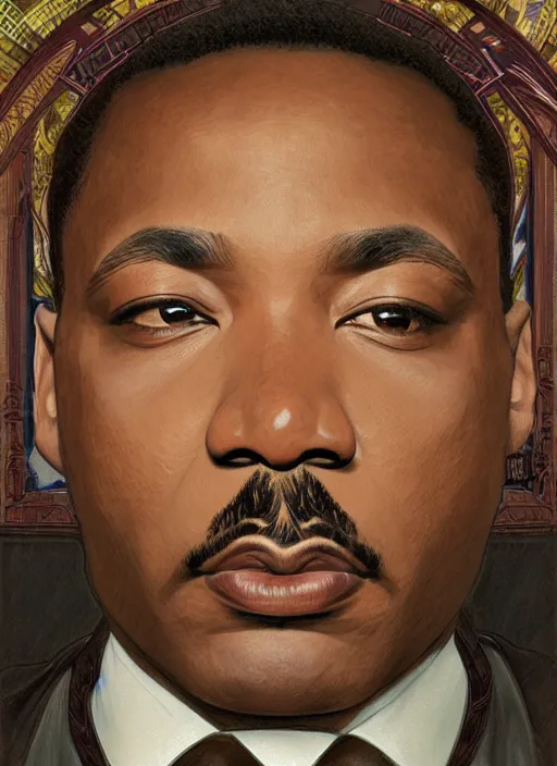 Image similar to Martin Luther King Jr handsome, intricate, elegant, highly detailed, centered, digital painting, artstation, concept art, smooth, sharp focus, illustration, art by artgerm and donato giancola and alphonse mucha