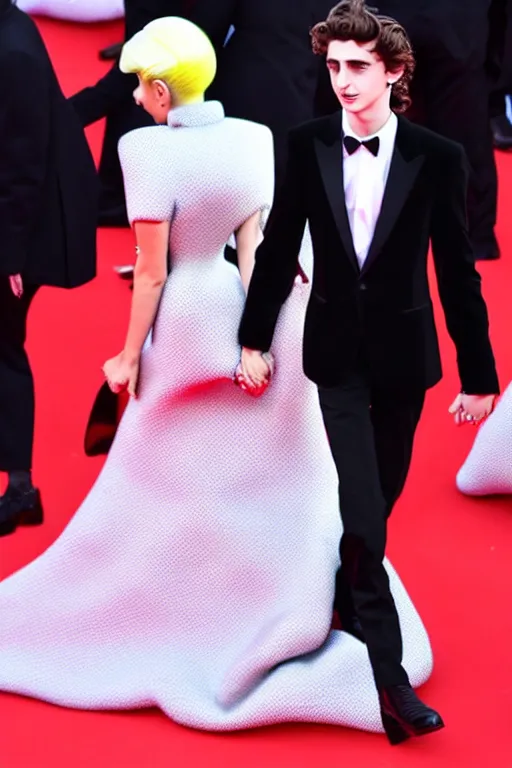 Image similar to timothee chalamet and lady gaga holding hands on the red carpet, beautiful detailed faces