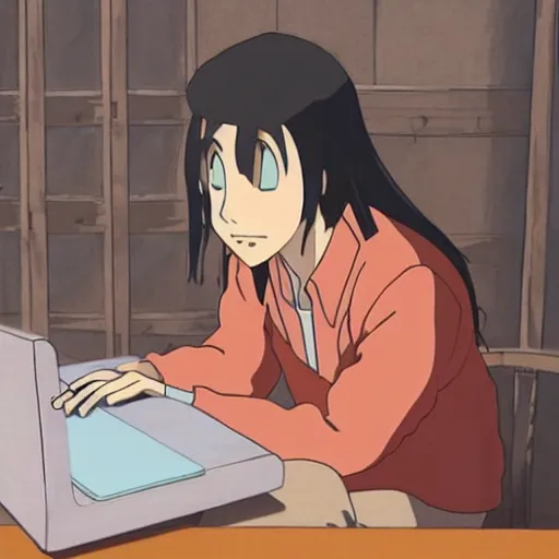 Prompt: tan-skinned guy with long black hair and long sleeves using a laptop, looking down, art by hayao miyazaki, studio ghibli film, twitter pfp